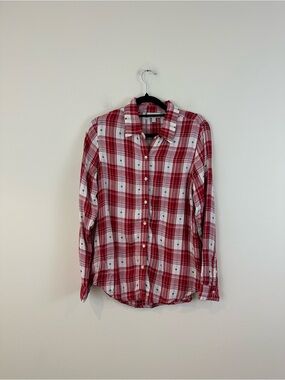Lucky Brand White and Red Plaid Heart Print Flannel Button Down Top Size Small